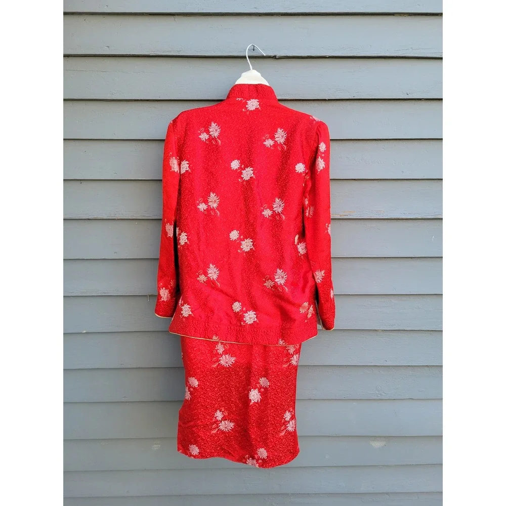 Vintage Silk Brocade Cheongsam Qipao Dress & Jacket Set Red White Small